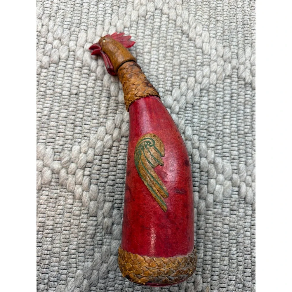 Vintage Italian Leather Rooster Decanter Red Made in Italy MCM Barware